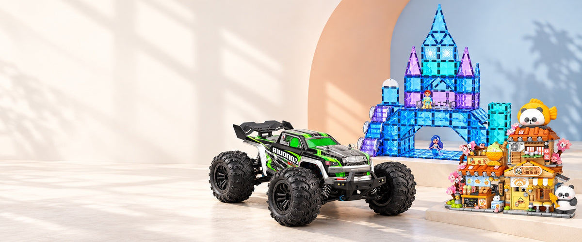 Green remote control car, blue magnetic tile castle and panda building set in a pastel toy scene
